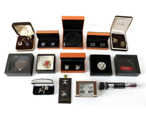 A Group of Gent's Contemporary Designer Cufflinks and Bracelets, comprising a pair of Simon Carter silver half Union Jack cuf