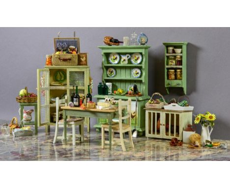 Assorted Dolls House Miniature Kitchen Furniture and Accessories, including a dresser and rack painted in green with chickens