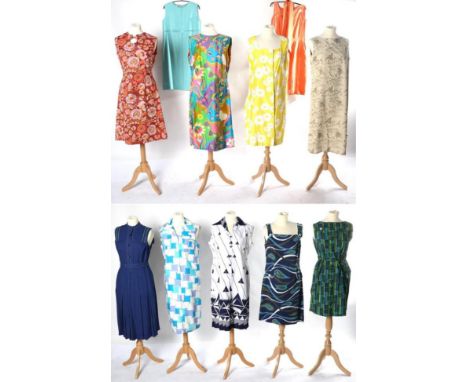 Assorted Circa 1960s and Later Summer Dresses, comprising Jean Varon navy sleeveless heavy weight cotton pleated dress, trimm