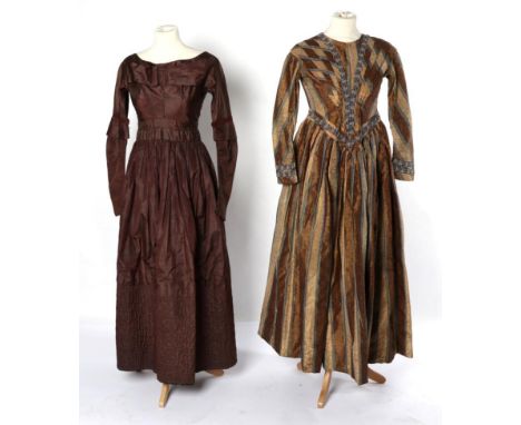 Mid 19th Century Brown Silk Dress, with a wide neckline sitting on the shoulders, multi pleated bow to the bodice, gathered s