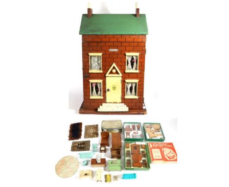 An Early 20th Century Painted Wooden Dolls House ''Park Villa'', with painted brick exterior, four windows and central door w