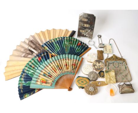 Assorted Decorative Costume Accessories, including a fan with carved simulated bamboo guards, silk mount hand painted with tw