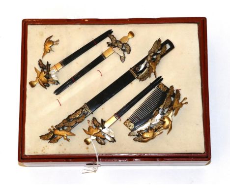 Black and Gold Lacquered Part Japanese Hair Adornment Set, including three Kanzashi, a Kogai and Kushi decorated with flying 