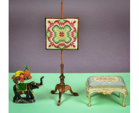 Dolls House Miniature Footstool by J Hodgson, painted in grey and gilt, with a hand worked needlepoint cover, impressed 'JH' 