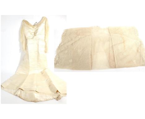 Late 19th/Early 20th Century Cream Satin Wedding Dress, with empire style bodice, crepe long sleeves, gathered crepe to neck,