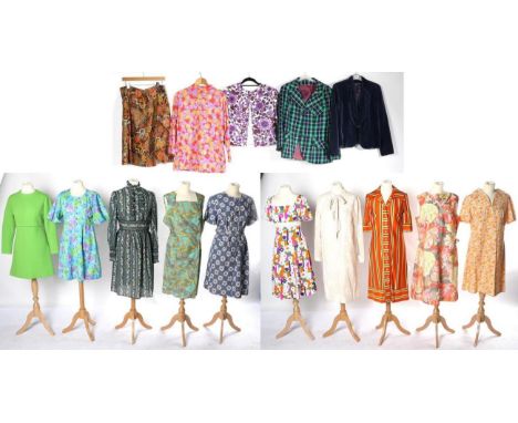 Assorted Circa 1960s and 1970s Dresses, comprising a Jeanne Jersey blue and lime green floral mini dress with short sleeves (