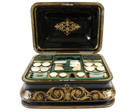 A 19th Century Papier-Mâché Hinged Sewing Box, of bombe shape, decorated with gilt scrolls to the sides, the cover is painted
