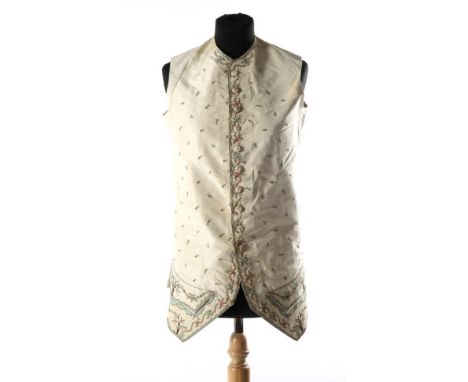 Circa 1780 Gent's Cream Silk Waistcoat, embroidered in coloured silks with floral sprigs and garlands, multi branched trees w