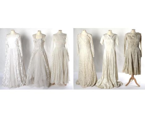 Circa 1940s to 1960s Wedding Dresses, comprising an ivory silk brocade long sleeved midi length dress, with stylish folding c