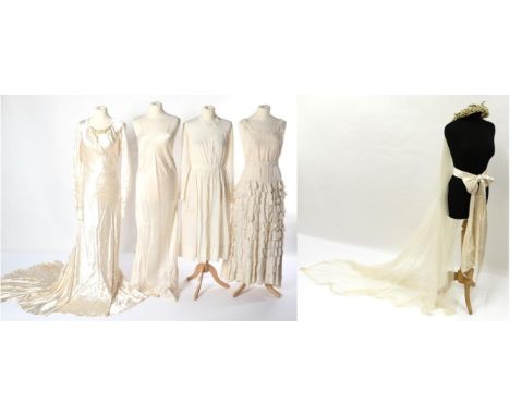 Circa 1930s Cream Wedding Dress, with slash neck mounted with wax flower heads, long sleeves and bias cut with train, matchin