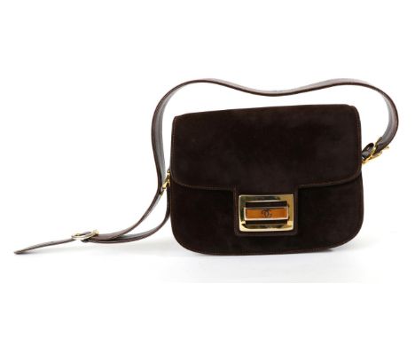 Gucci Brown Suede Shoulder Bag, with brown leather adjustable strap and gilt metal and enamel 'GG' rectangular clasp to flap 