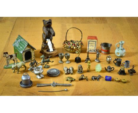A Group of Assorted Vintage Dolls House Accessories, including a lead painted bulldog, standing gilt figure of Napoleon, figu