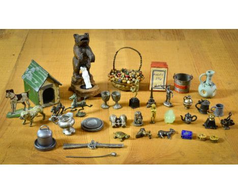 A Group of Assorted Vintage Dolls House Accessories, including a lead painted bulldog, standing gilt figure of Napoleon, figu