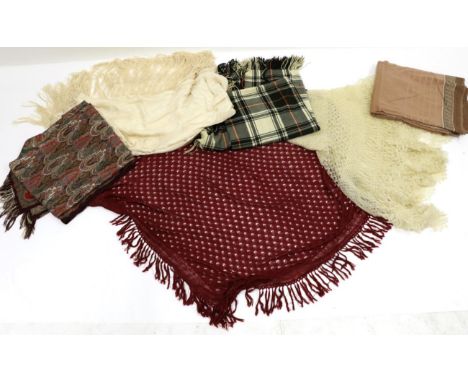 Assorted 19th Century and Later Wool and Silk Shawls, Textiles, including a Chinese cream silk shawl with cream floral embroi