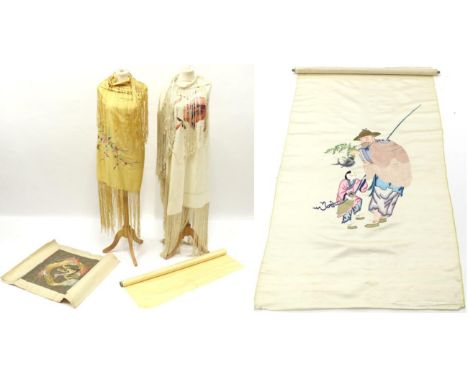 20th Century Chinese Silk Embroidered Panel, of a fisherman and young boy, rolled on a scroll; Another of A Dragon, woven wit