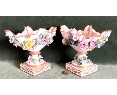 PAIR OF FINE CONTINENTAL NAVETTE FORM CERAMIC FLOWER ENCRUSTED POSY VASES

 