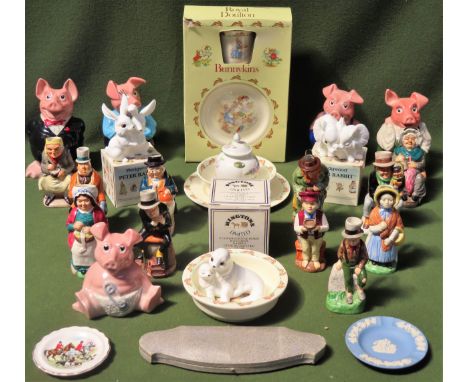 Sundry ceramics including Royal Doulton bunnykins, wade ceramic pigs, woods and sons toby jugs etc

All in used condition, un
