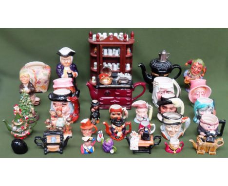 Sundry ceramics Inc. character jugs, novelty teapots, Hummel figure, plus cabinet containing thimbles, etc

all used and unch