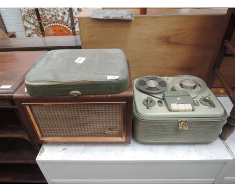 A vintage Grundig reel to reel and an HMV speaker cabinet