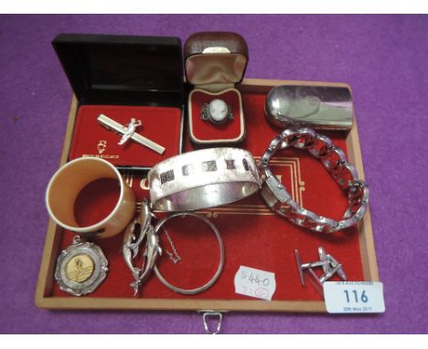 A small selection of jewellery including cufflinks, cameo ring, sports medal, hinged HM silver bangle having jubilee hallmark