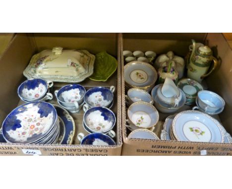 Two boxes of china including Noritake part coffee service, jelly mould, two tea services, tureen, leaf dish etc. (2)