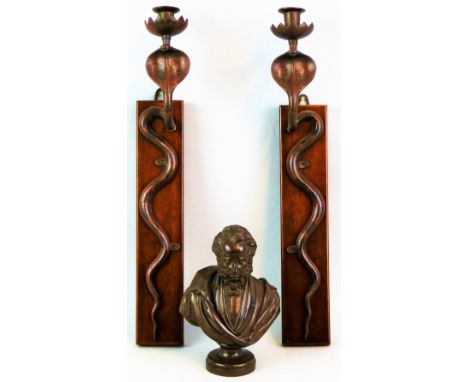 A Victorian bronze bust of a gentleman, 23cm high and a pair of Indian Benares brass wall sconces each as a cobra snake mount