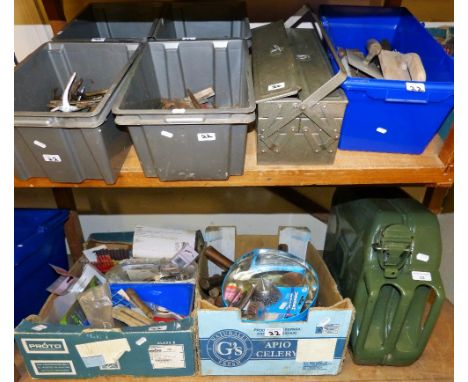 A jerry can together with a cantilever tool box and six other boxes of tools etc.