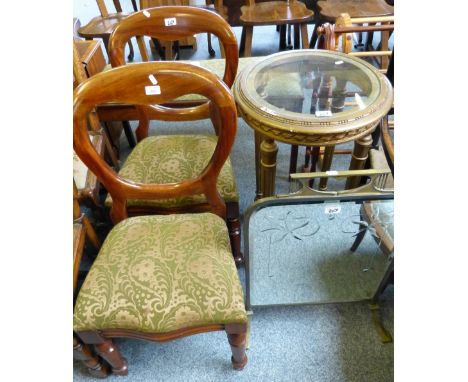 A pair of Victorian mahogany balloon back dining chairs, a giltwood, cane and plate glass two-tier plant stand and a brass fr