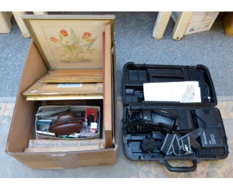 A Sharp cased video camera together with a box of miscellaneous including camera, recorder, harmonica, lacquered box and tray