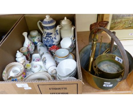 A brass jam pan, saucepan, trivet and brush together with a box of china including a blue and white teapot, glass rolling pin