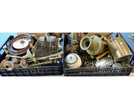 Two boxes of metalware including Picquot ware tea service, martingales, pewter ware, brass samovar, watering can, fire irons,