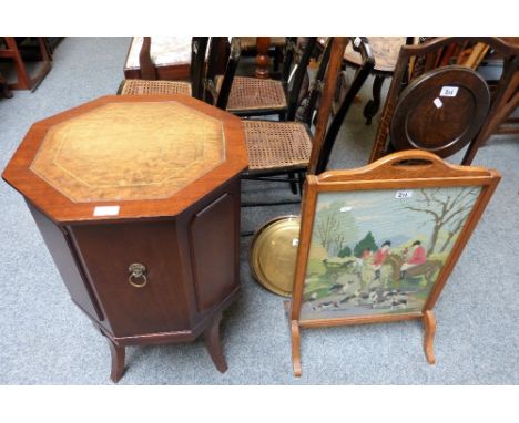 A reproduction mahogany drinks cabinet in the form of an octagonal cellarette, 46cm wide, an oak folding three-tier cake stan