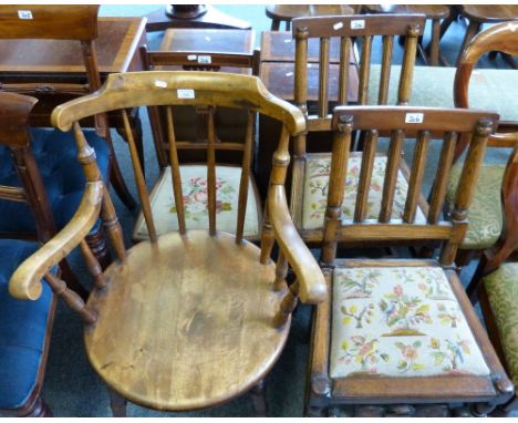 An 18th century style pair of ash and fruitwood hall chairs, an Ibex stick back armchair and an Edwardian inlaid mahogany sin