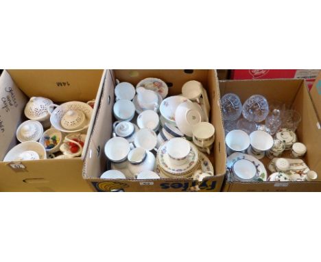 Three boxes of china and glass including Wedgwood hunting scene pattern china, Royal Doulton Sherbrooke table ware, Paragon t