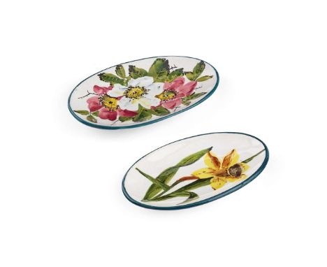   TWO PIN TRAYS to include a 'WHITE & PINK DOG ROSES' PIN TRAY, glazed earthenware, painted by Edwin Sandland, painted and im