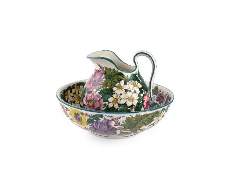   LARGE 'MIXED FLOWERS' EWER AND BASIN glazed earthenware, painted by Karel Nekola with 'Pheasant's Eye' narcissi, tulips, ro