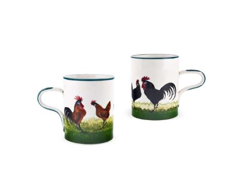   TWO LARGE 'COCKEREL & HENS' MUGS to include a BLACK 'COCKEREL AND HENS' MUG glazed earthenware, impressed maker's mark WEMY