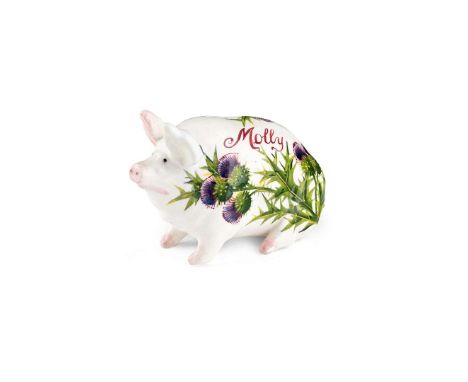   SMALL 'THISTLES' MONEY BANK PIG glazed earthenware, inscribed MOLLY, painted and impressed maker’s mark WEMYSS   16.3cm lon