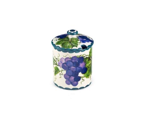   MEDIUM 'PURPLE GRAPES' PRESERVE JAR & COVER glazed earthenware, impressed maker’s mark WEMYSS   12.4cm high 