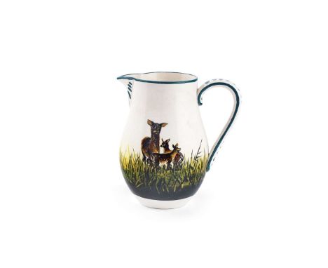   'STAG AND HIND WITH FAWNS' MILK JUG glazed earthenware, painted by Karel Nekola, impressed maker's mark WEMYSS, printed Tho