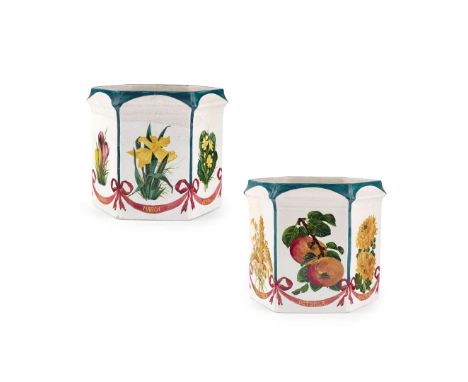   PAIR OF 'MONTHS OF THE YEAR' DRUMMOND FLOWER POTS glazed earthenware, one example painted with snowdrops, with inscription 