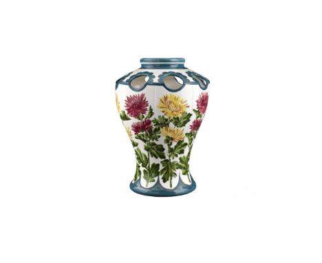   'CHRYSANTHEMUMS' KENMORE VASE glazed earthenware, painted by James Sharp, incised maker's mark WEMYSS, printed retailer's m