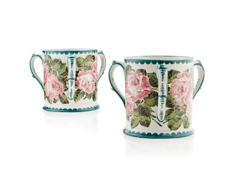   PAIR OF 'CABBAGE ROSES' LOVING CUPS glazed earthenware, painted by Karel Nekola, painted and impressed maker’s mark WEMYSS 