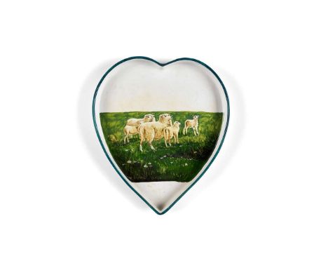   'SHEEP AND LAMBS' HEART TRAY glazed earthenware, painted by Karel Nekola, impressed maker's mark WEMYSS   29.8cm high 