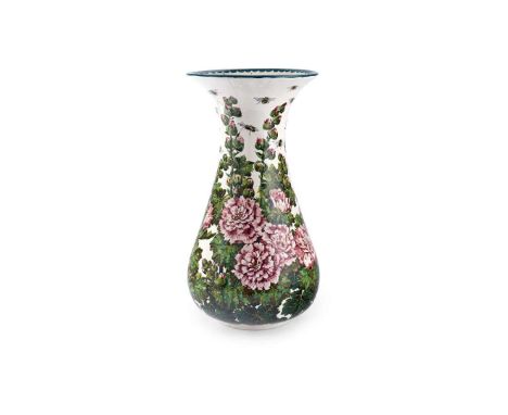   LARGE 'HOLLYHOCKS & BEES' BALUSTER VASE glazed earthenware, painted by Karel Nekola, signed and dated with initials K.N./ 1