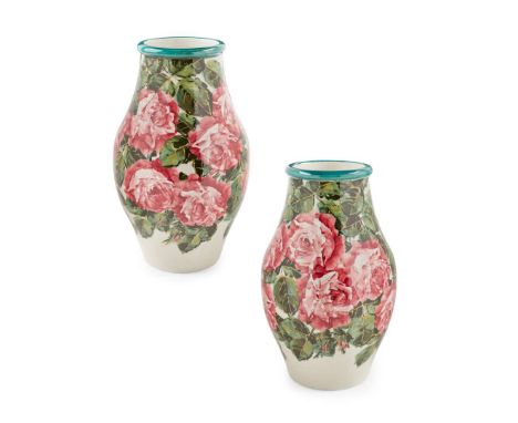   PAIR OF 'CABBAGE ROSES' VASES glazed earthenware, painted by Karel Nekola, painted and impressed maker's marks WEMYSS   28c