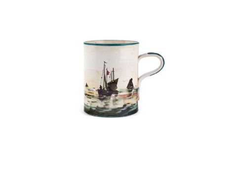   LARGE 'FIFIES' MUG glazed earthenware, painted with Fifies, fishing boats on the Firth of Forth, impressed maker’s mark WEM