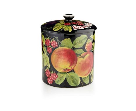   TALL 'MIXED FRUITS' BISCUIT BARREL & COVER glazed earthenware, painted by Edwin Sandland, the cover with inscription BISCUI