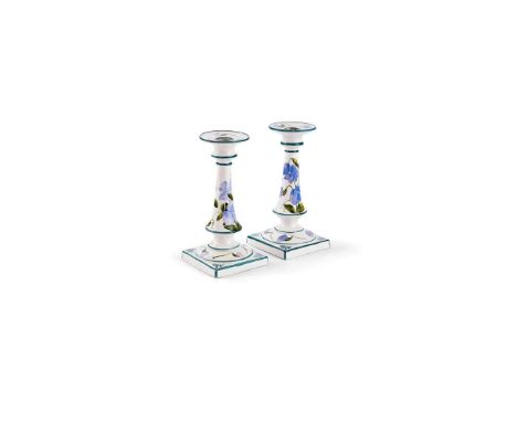  PAIR OF 'BLUE SWEET PEAS' SQUARE BASE CANDLESTICKS glazed earthenware, painted by James Sharp, painted and impressed maker’