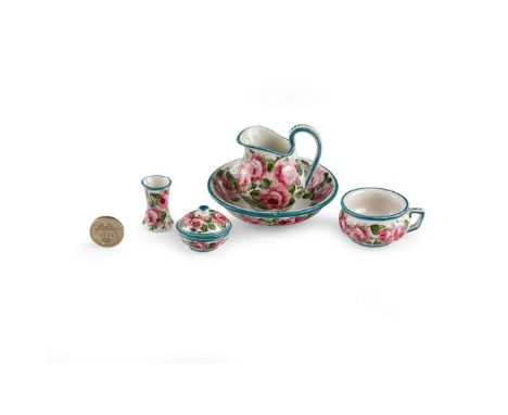   MINIATURE 'CABBAGE ROSES' WASH SET glazed earthenware, probably painted by David Grinton, comprising a EWER & BASIN, 5cm hi